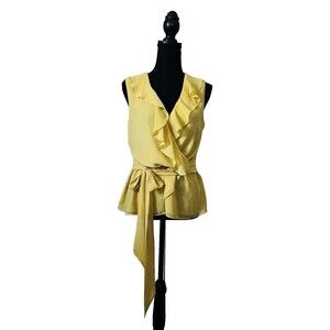 Max Studio Blouse‎ Top Large Yellow V Neck Ruffle Peplum Bohemian silky